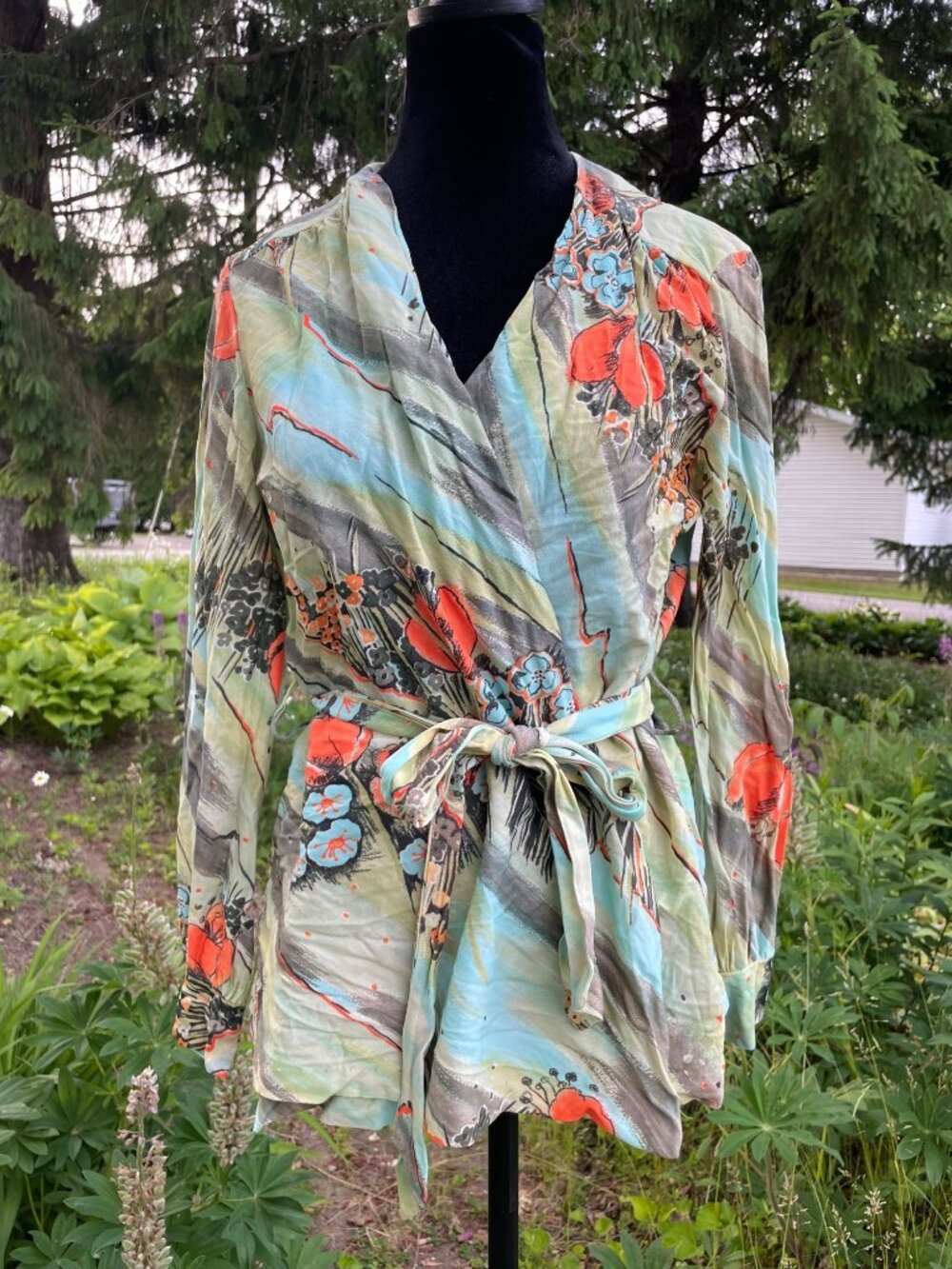 Vintage 70s JC Pennys Loungewear Floral Tie V Wrap Blouse Top Indie Artist M